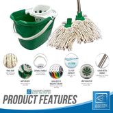 Green Mop Bucket with 2 Cotton Mop Heads and 4 Piece Handle